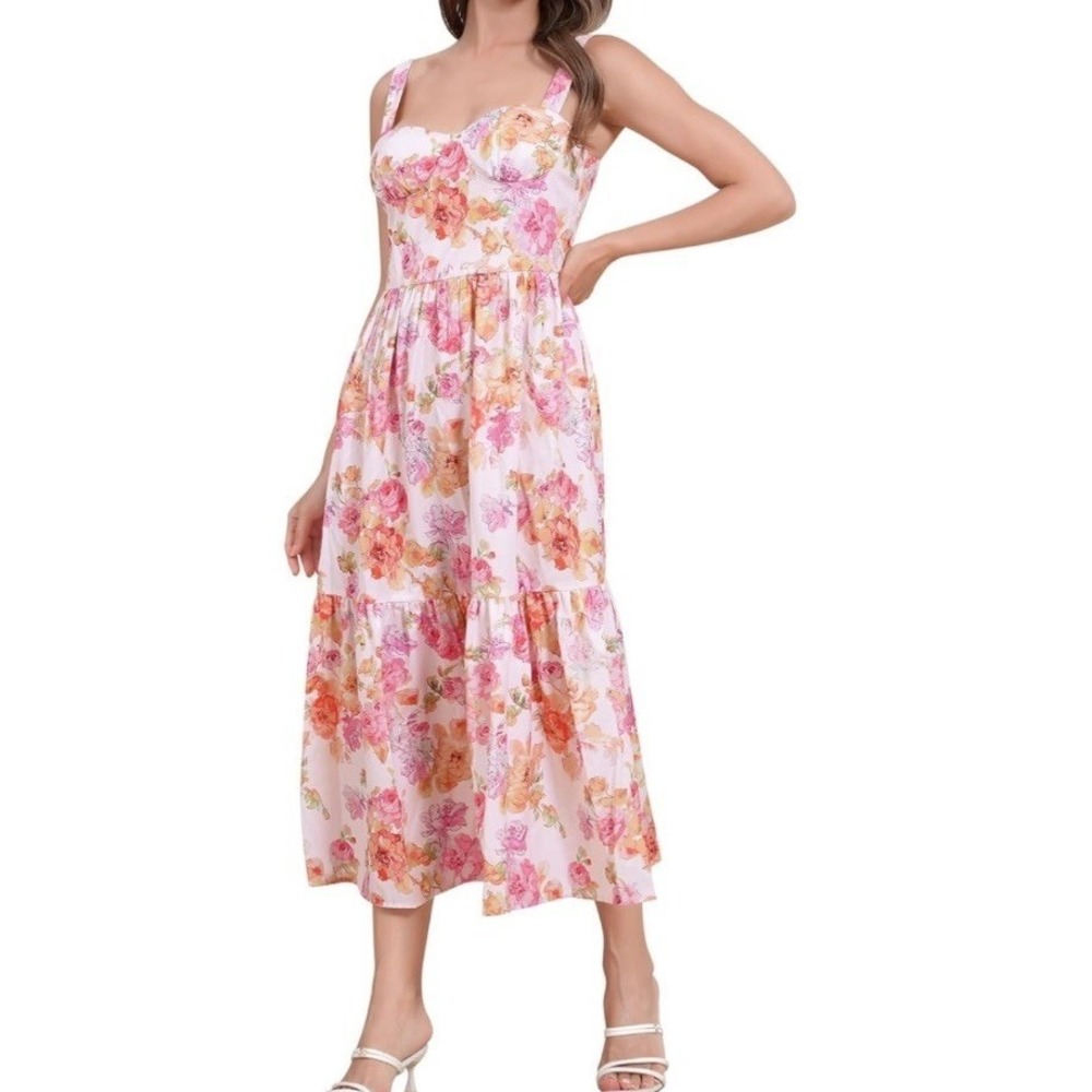 Flowers Sundress Women Medium Pink Floral Like New Fitted Bodice Midi C1003